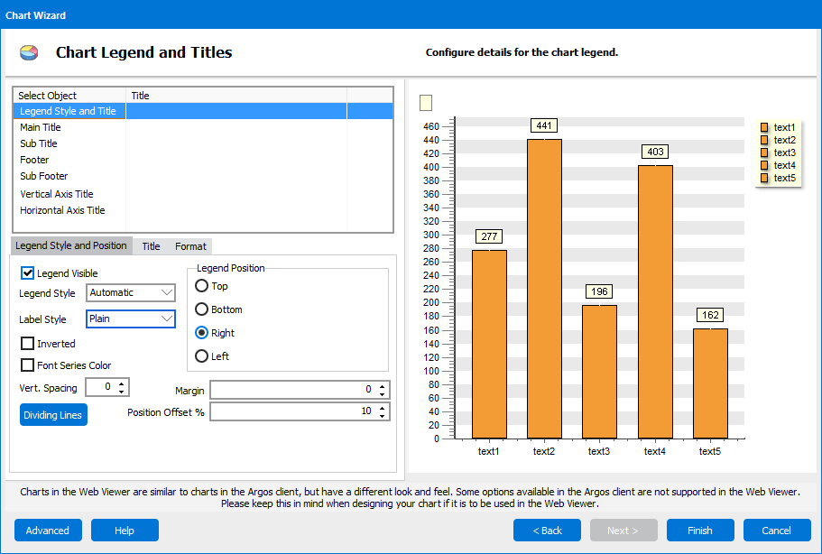 The Chart Wizard dialog with Chart Legend and Titles Selected.  With this selection a number of options are available for configuring the Legend and Title.